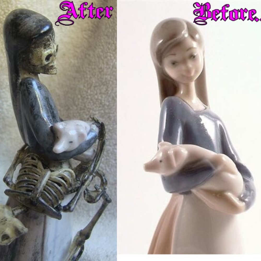 Lladro Girl with pig altered into Demon & Skeleton